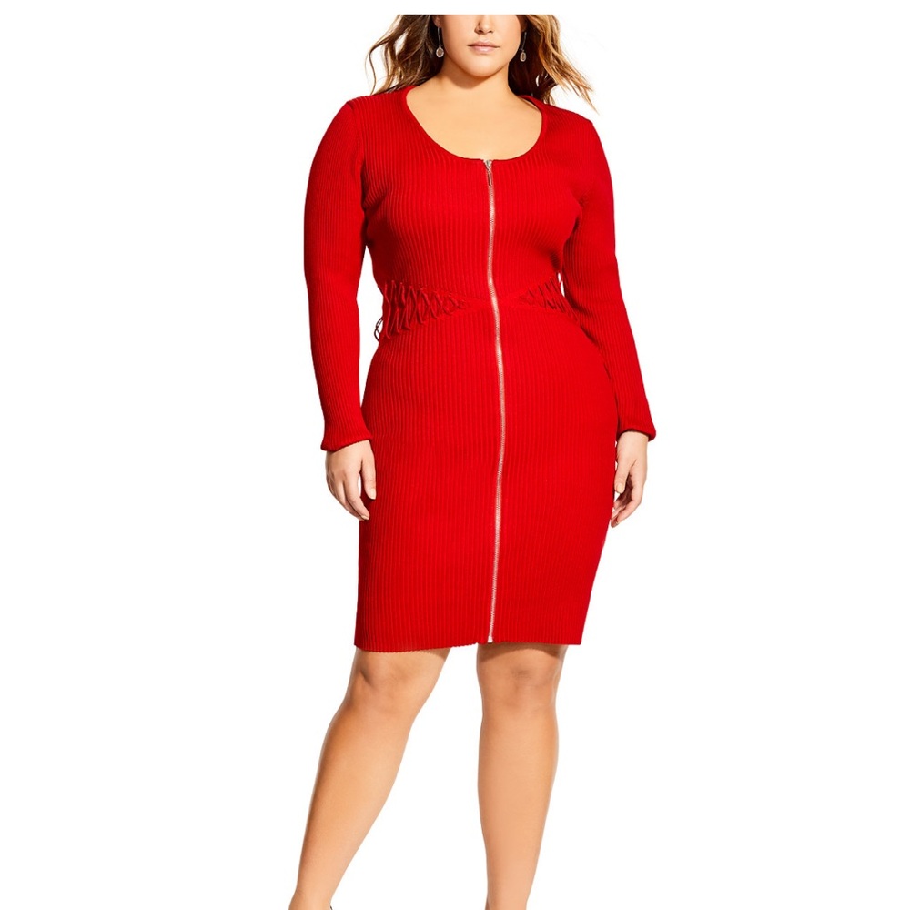 City Chic Vibrant Red Corset Sweater Dress